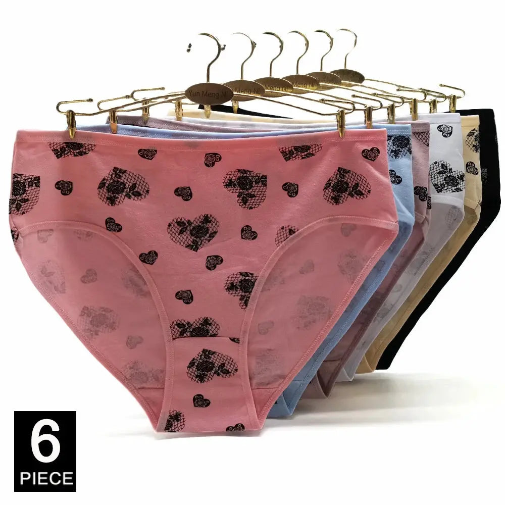 Women's cotton mid-rise briefs six-piece set in assorted colors with heart print