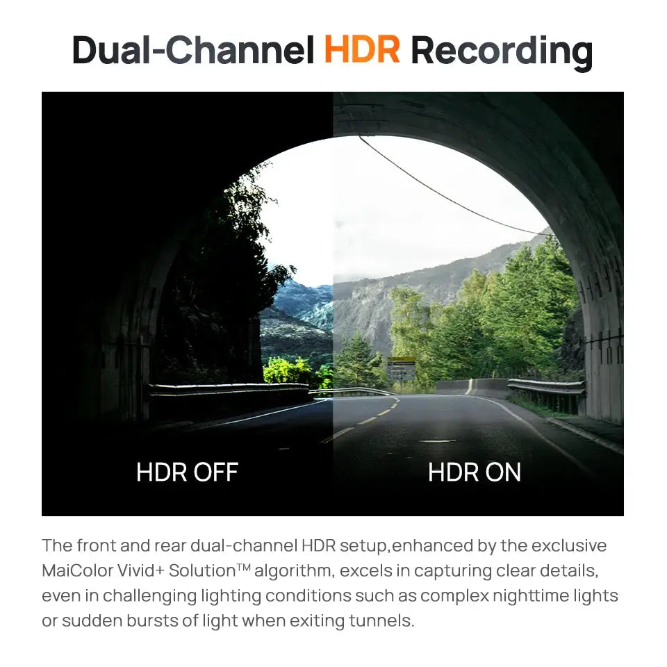 70mai S500 dual-channel rear dash cam with HDR split-screen comparison (HDR OFF vs HDR ON)
