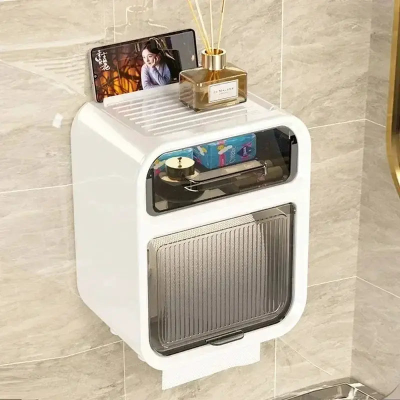 BrightNest Wall Mounted Toilet Tissue Box With Paper Drawer And Double Layer Storage Rack Space Saving Bath Organizer