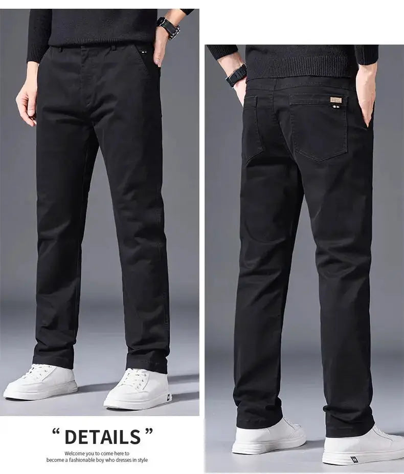 Autumn men's cotton pants, elastic waist, black straight-leg with back pocket detail, Simples Market