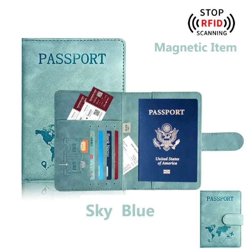 Sky blue passport holder wallet set by Simples Market with RFID protection and card slots