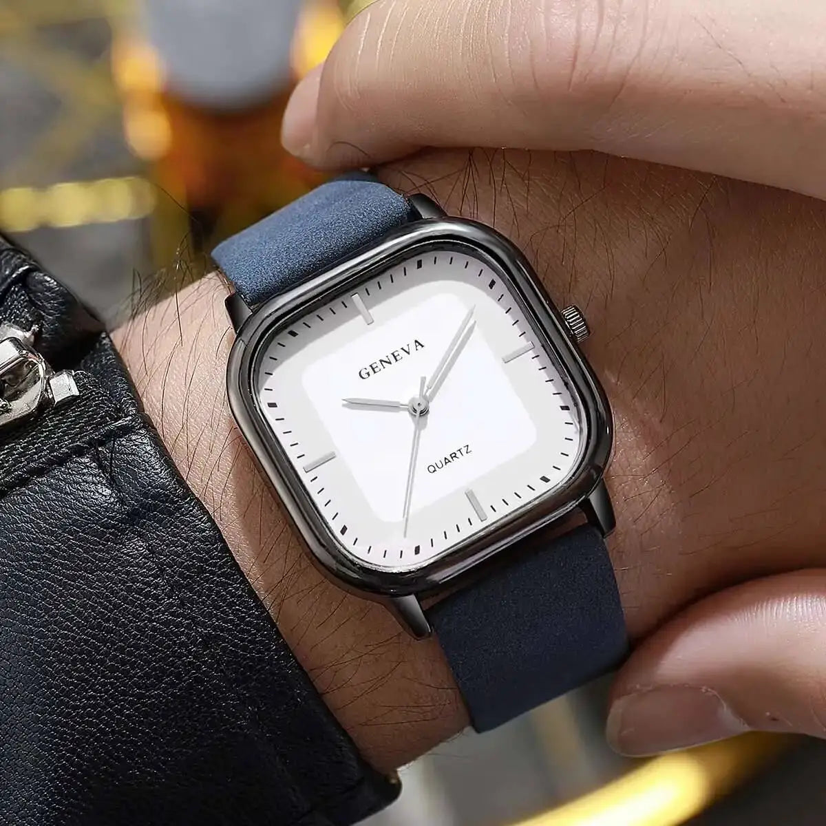 Square Minimalist Mens Quartz Watch With Leather Strap Wristwatch For Casual Wear Without Box