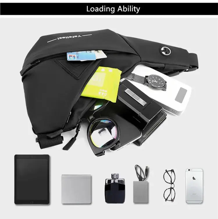 Simples Market black sling bag for men; compact crossbody anti-theft bag with phone, wallet and watch.