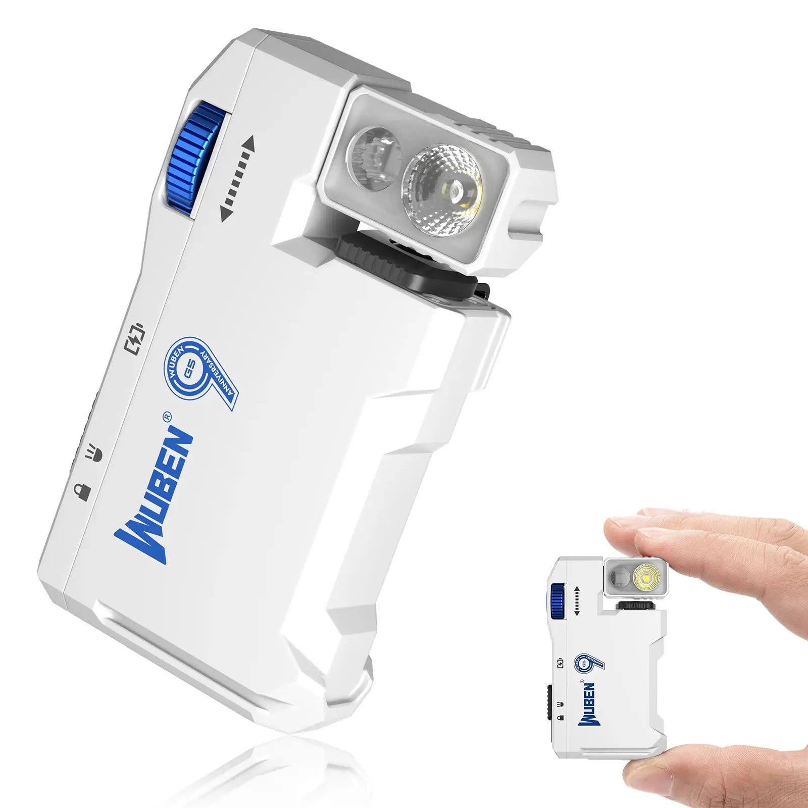 Wuben G5 rechargeable EDC flashlight by Simples Market; white pocket light with blue dial, dual LEDs, RGB, two units.