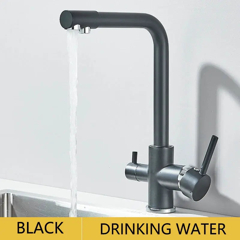 Kitchen faucet in black matte finish with tall curved gooseneck spout and single lever.