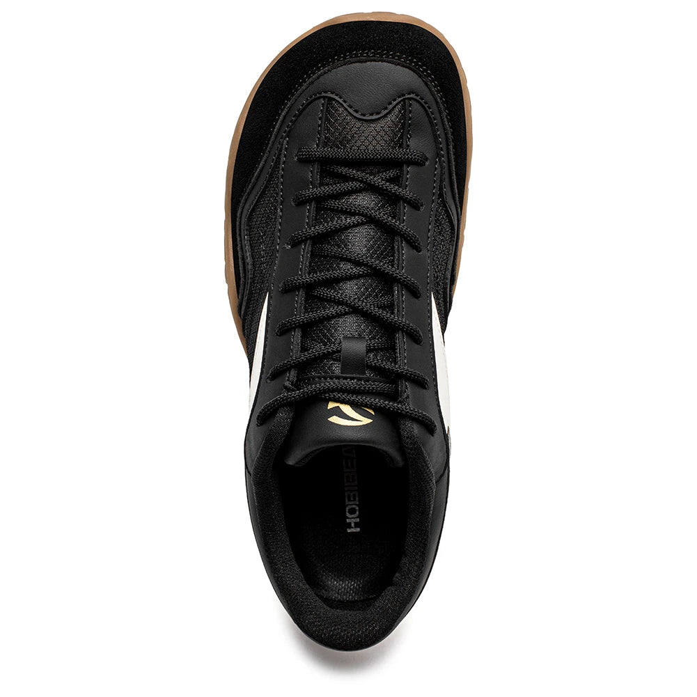 HOBIBEAR wide-width hiking shoe, black lace-up unisex trekking sneaker with white stripe and gum sole.