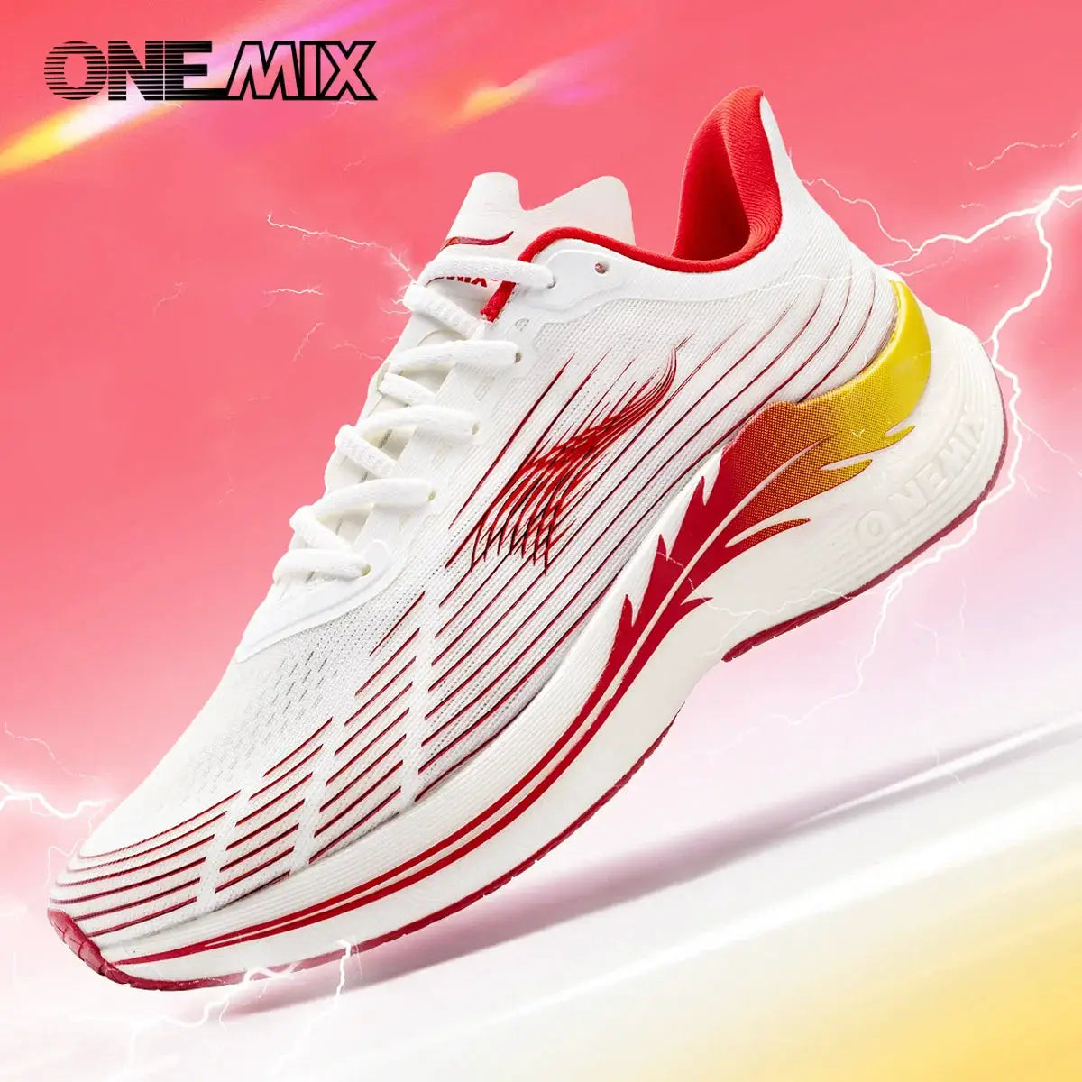 Onemix marathon running shoes, white breathable lightweight lace-up sneakers with red accents and a yellow heel