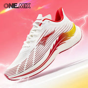 Onemix marathon running shoes, white breathable lightweight lace-up sneakers with red accents and a yellow heel