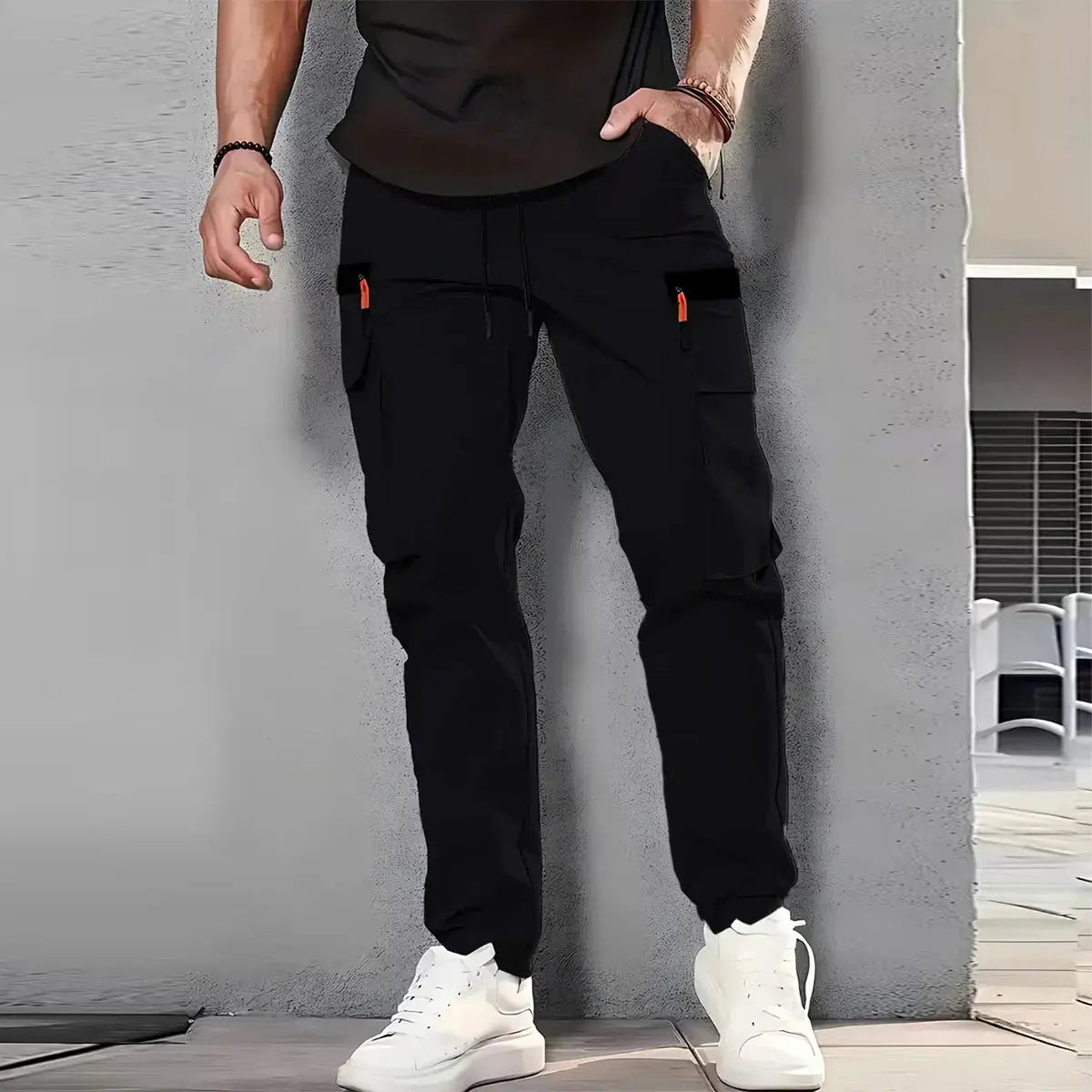Simples Market men's black cargo pants with multiple pockets, drawstring waist, straight-leg fit