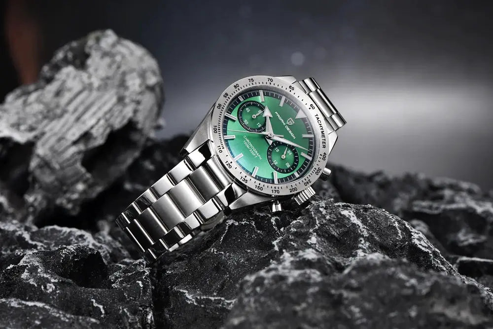PAGANI DESIGN stainless steel chronograph watch with green dial, sapphire crystal and tachymeter bezel