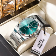 POEDAGAR luxury men's stainless steel watch with teal dial, date window, quartz movement