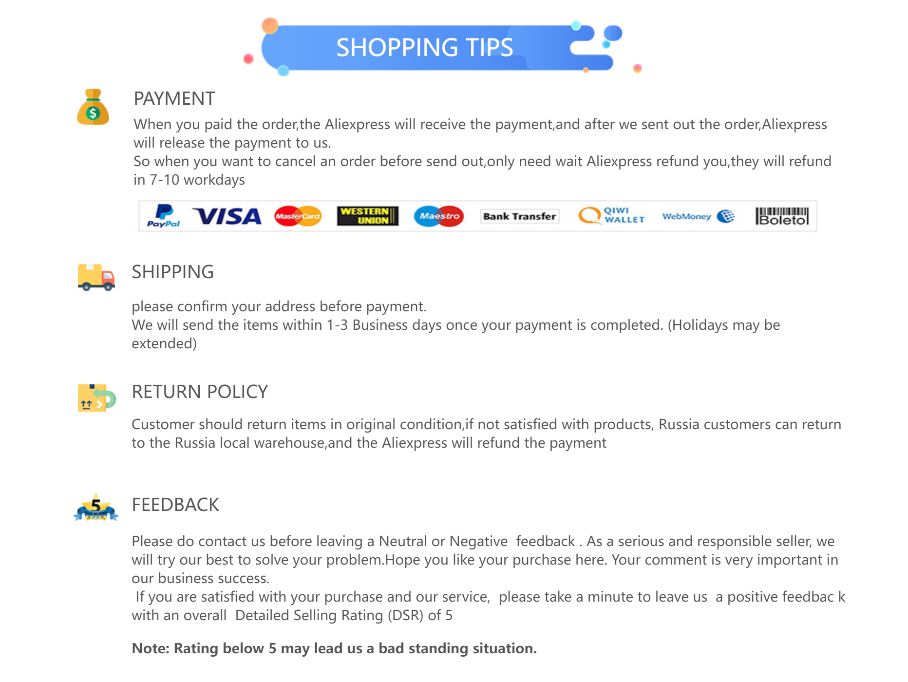 Shopping tips banner with payment icons and policy sections (Payment, Shipping, Return Policy, Feedback)