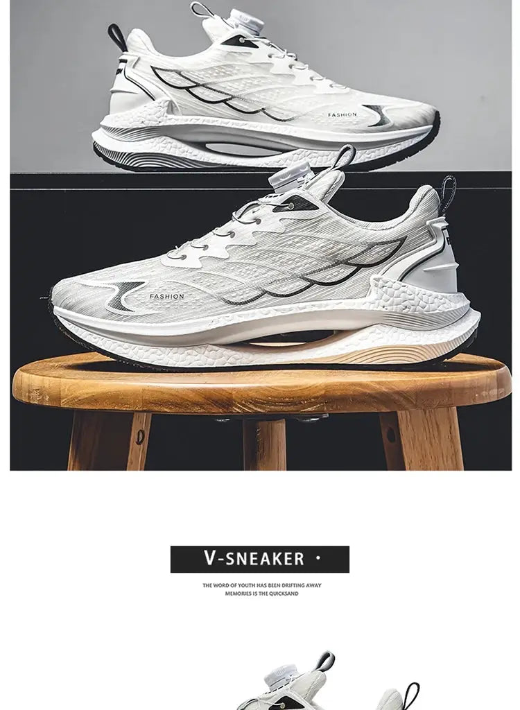 V-Sneaker white breathable sneakers for men; two shoes displayed on a wooden stool