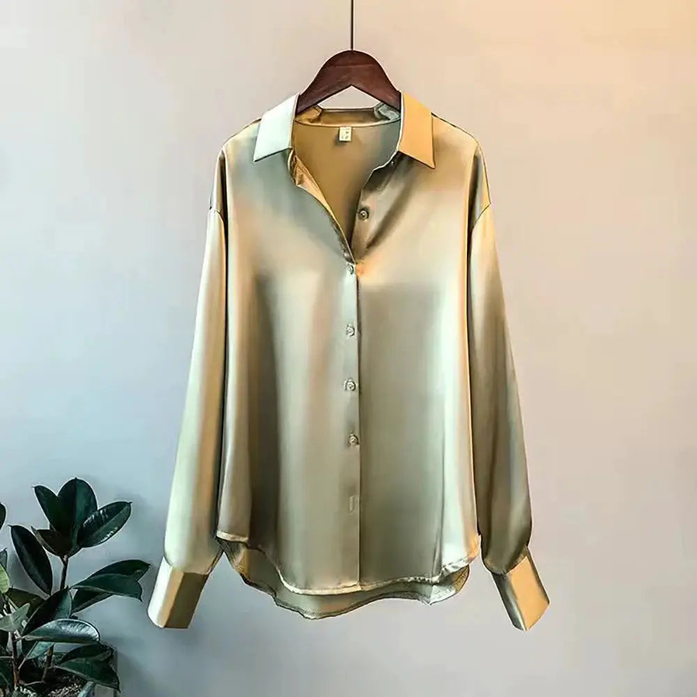 Aurora Couture Satin Blouse For Women All Season Comfort Button Front For Office And Casual Wear