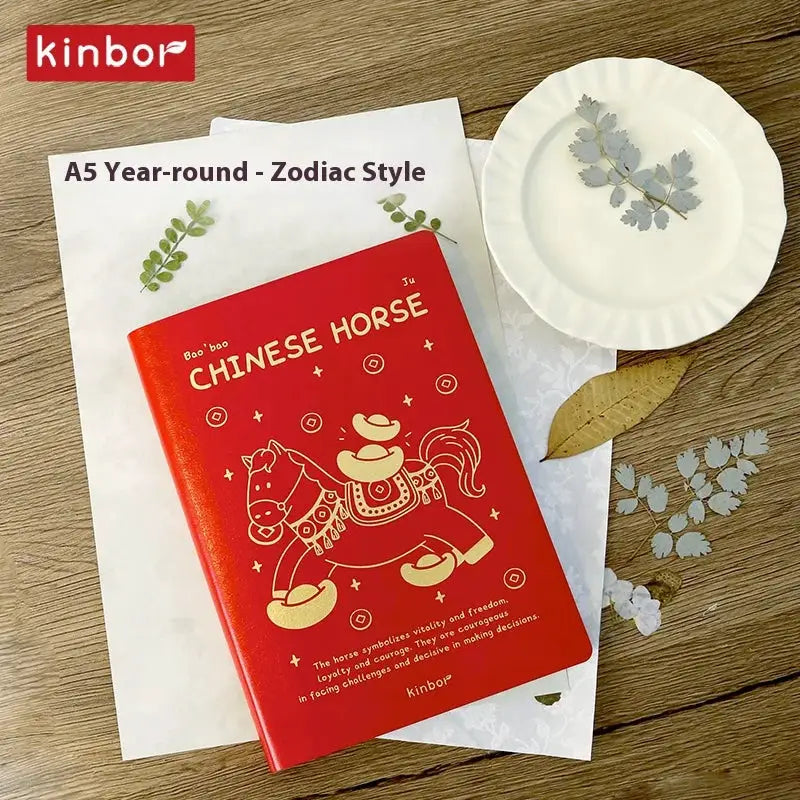 Kinbor red notebook planner with zodiac Chinese Horse cover, A5 size.