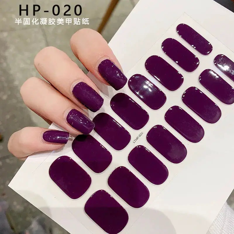 Semi-cured gel nail wraps sheet in deep purple full-cover decals for manicure