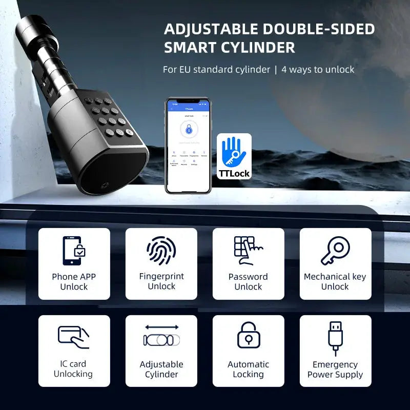 Smart euro cylindrical door lock by Simples Market with TTLock app, fingerprint, password, and mechanical key unlock.