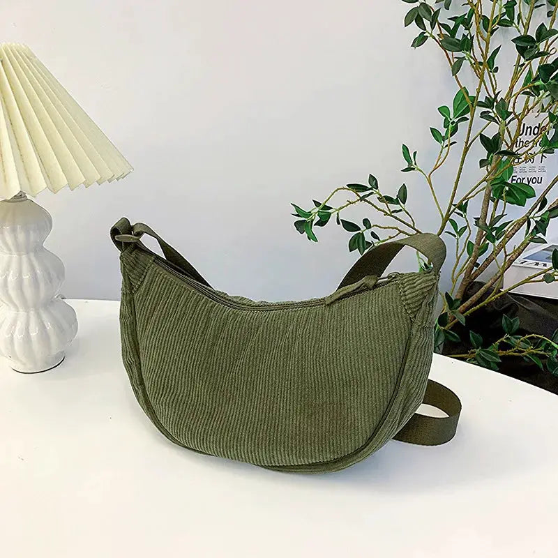 Corduroy hobo shoulder bag in solid olive green with long strap
