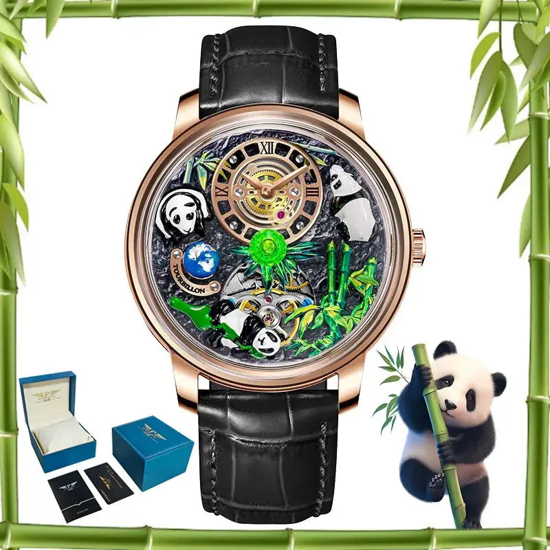 Men's panda-themed skeleton watch Simples Market, rose-gold case, black leather strap, 45.5mm, rotating crystal ball