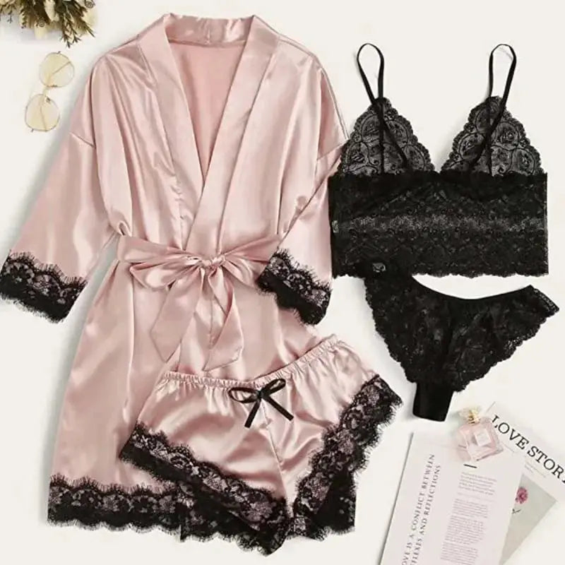 LuxeSilk 4 Piece Satin Sleepwear Set With Lace Robe For Women Breathable Silk Comfort And Elegant Nightwear