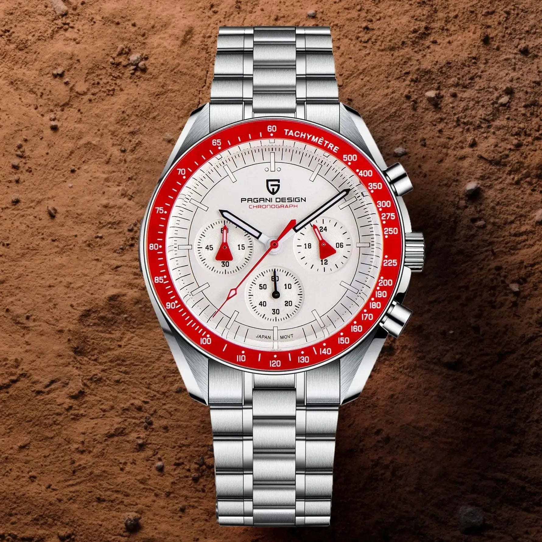 Pagani Design AK Project Mars men's chronograph watch with stainless steel bracelet and red tachymeter bezel.