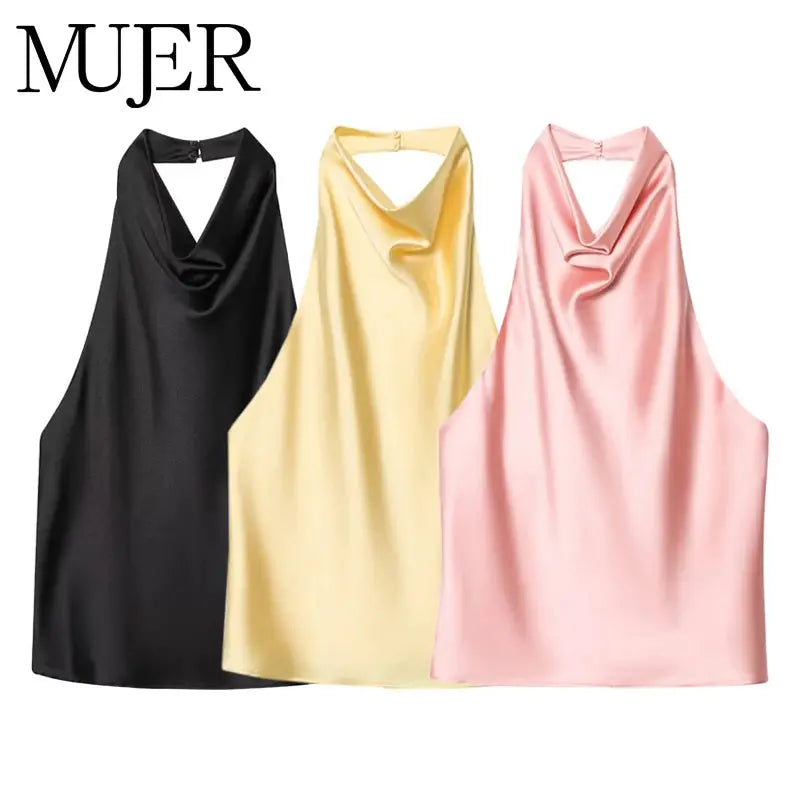 Mujer 2025 Black Satin Halter Top Backless Camisole For Women Off Shoulder Beachwear Summer Top