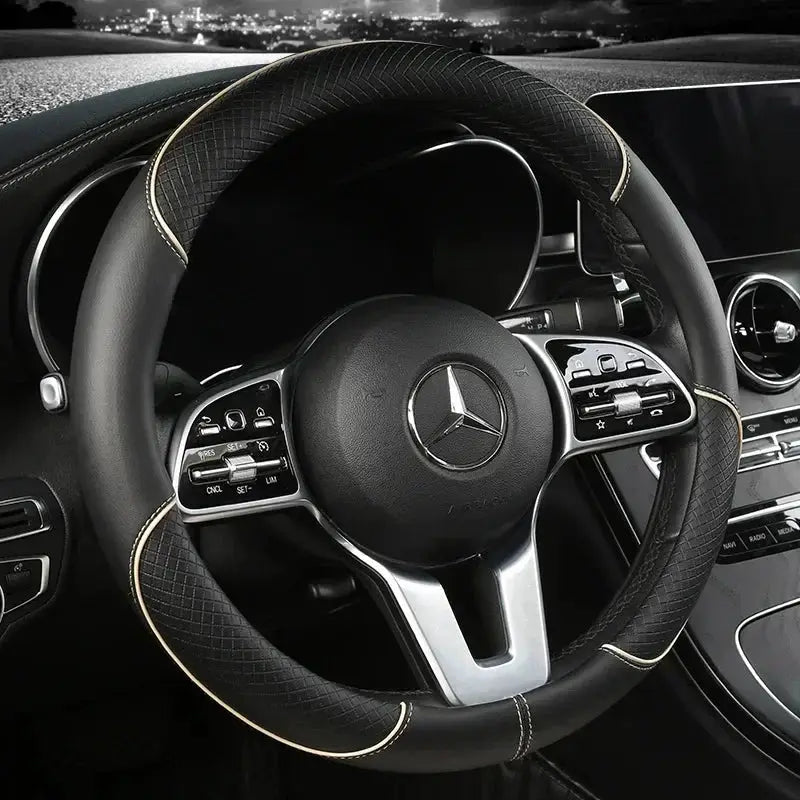 Steering wheel cover, black microfiber leather with beige stitching, 38cm, non-slip, Mercedes logo visible