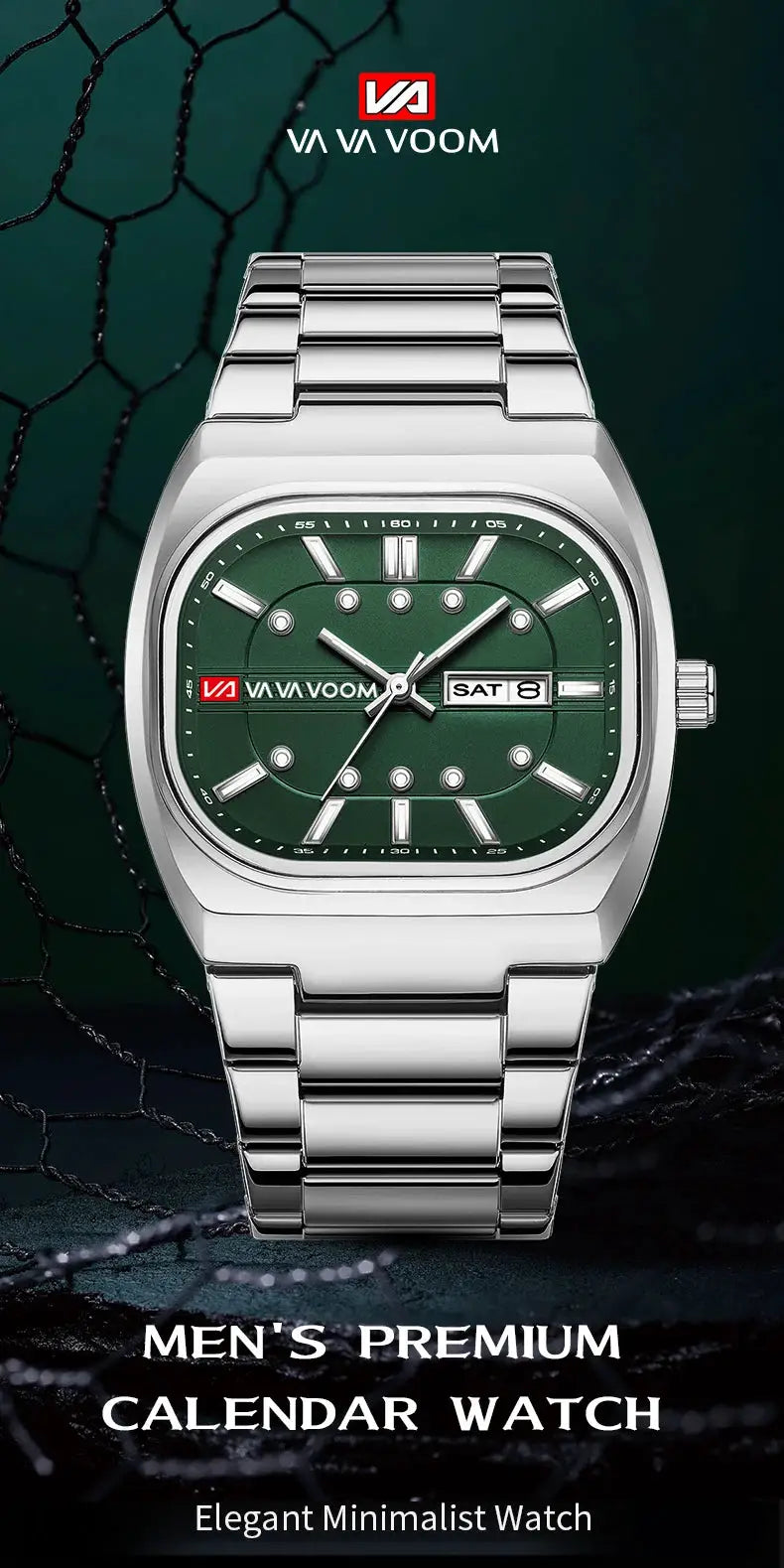 Men's VA VA VOOM 40mm square calendar watch, stainless steel with green dial