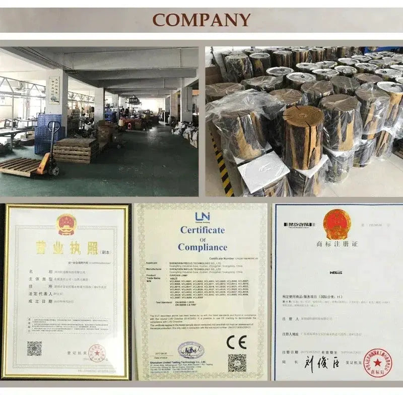 Round LED wall light by Simples Market; collage of factory interior, packaging rolls, and certificates.