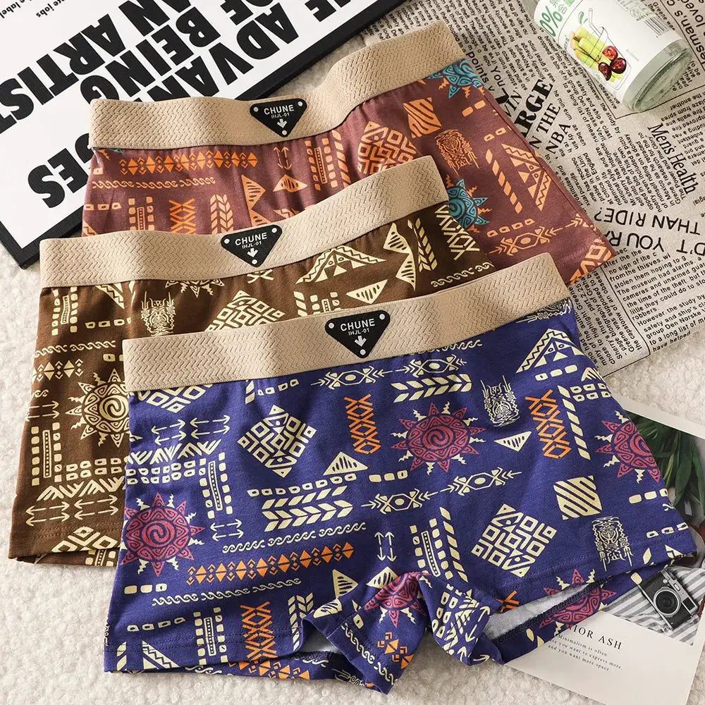 3-pack women's cotton panties by CHUNE in blue, brown, and mauve tribal prints with a beige elastic waistband