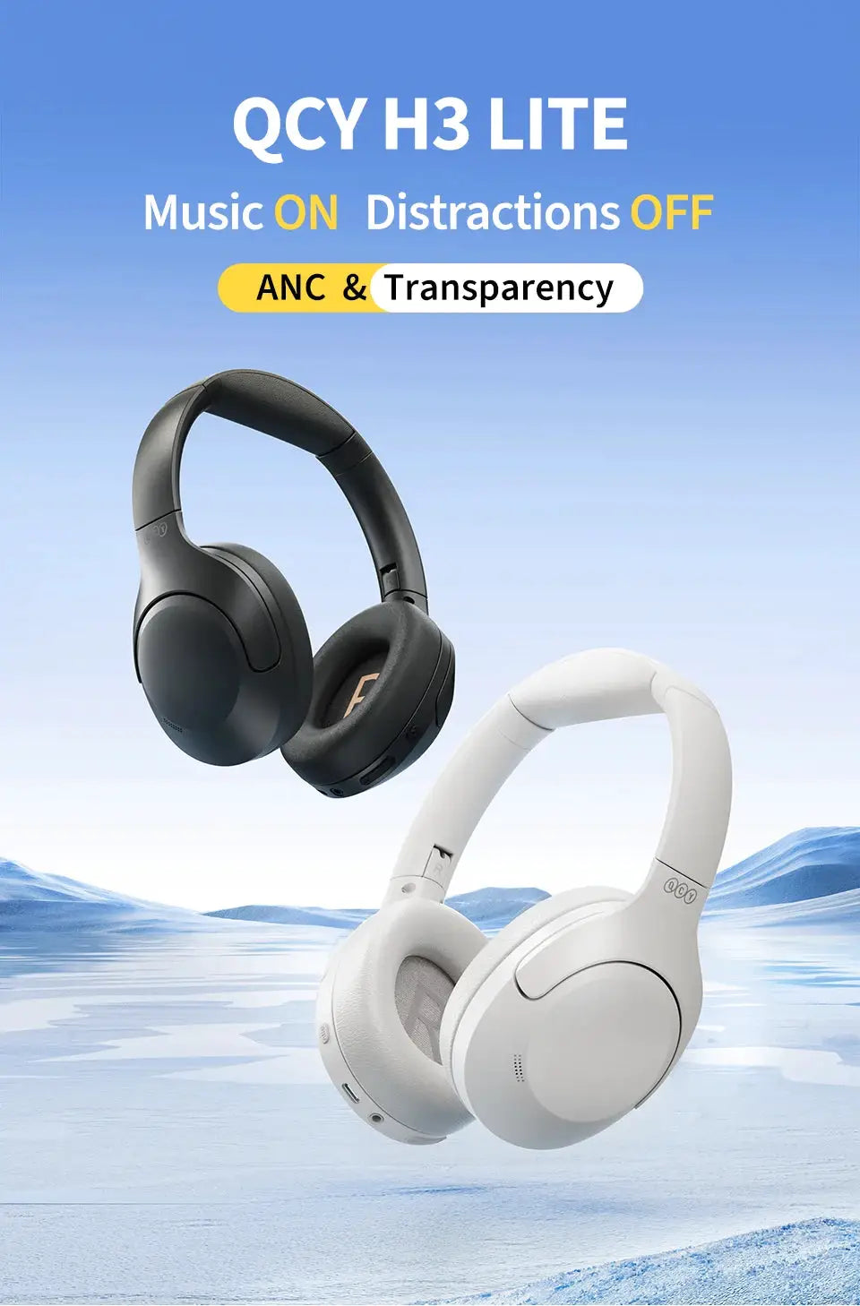 QCY H3 Lite wireless over-ear headphones with ANC, foldable; black and white variants