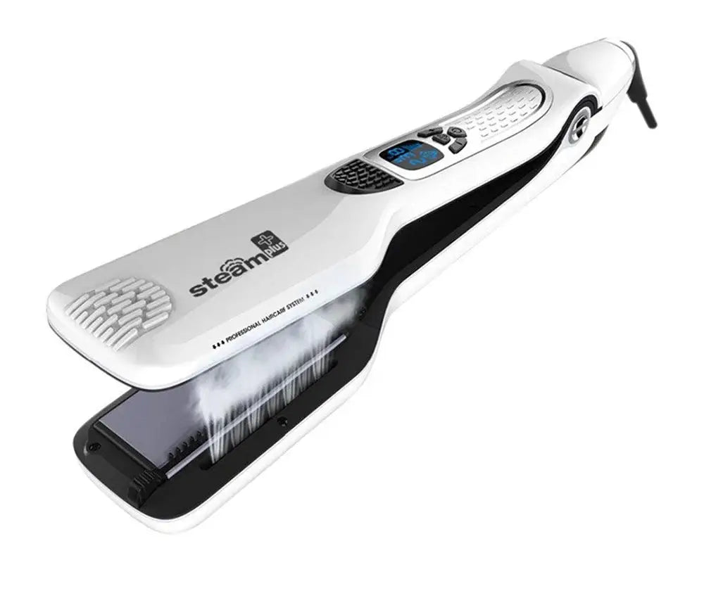 Steam hair straightener brush by Simples Market with digital display and ceramic‑tourmaline plates, white