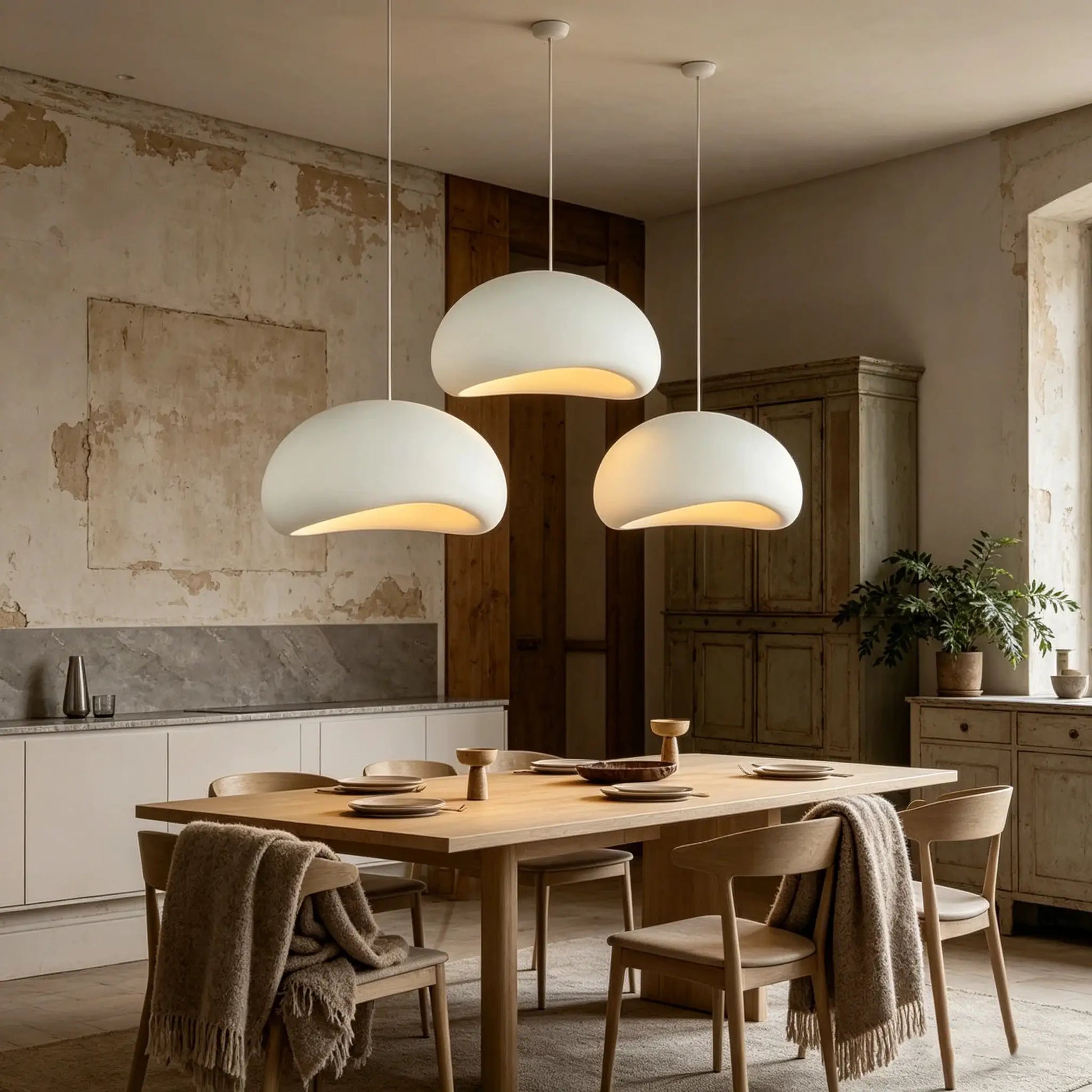 Nordic Wabi Sabi pendant lights by Simples Market; set of four white frosted glass hanging lamps