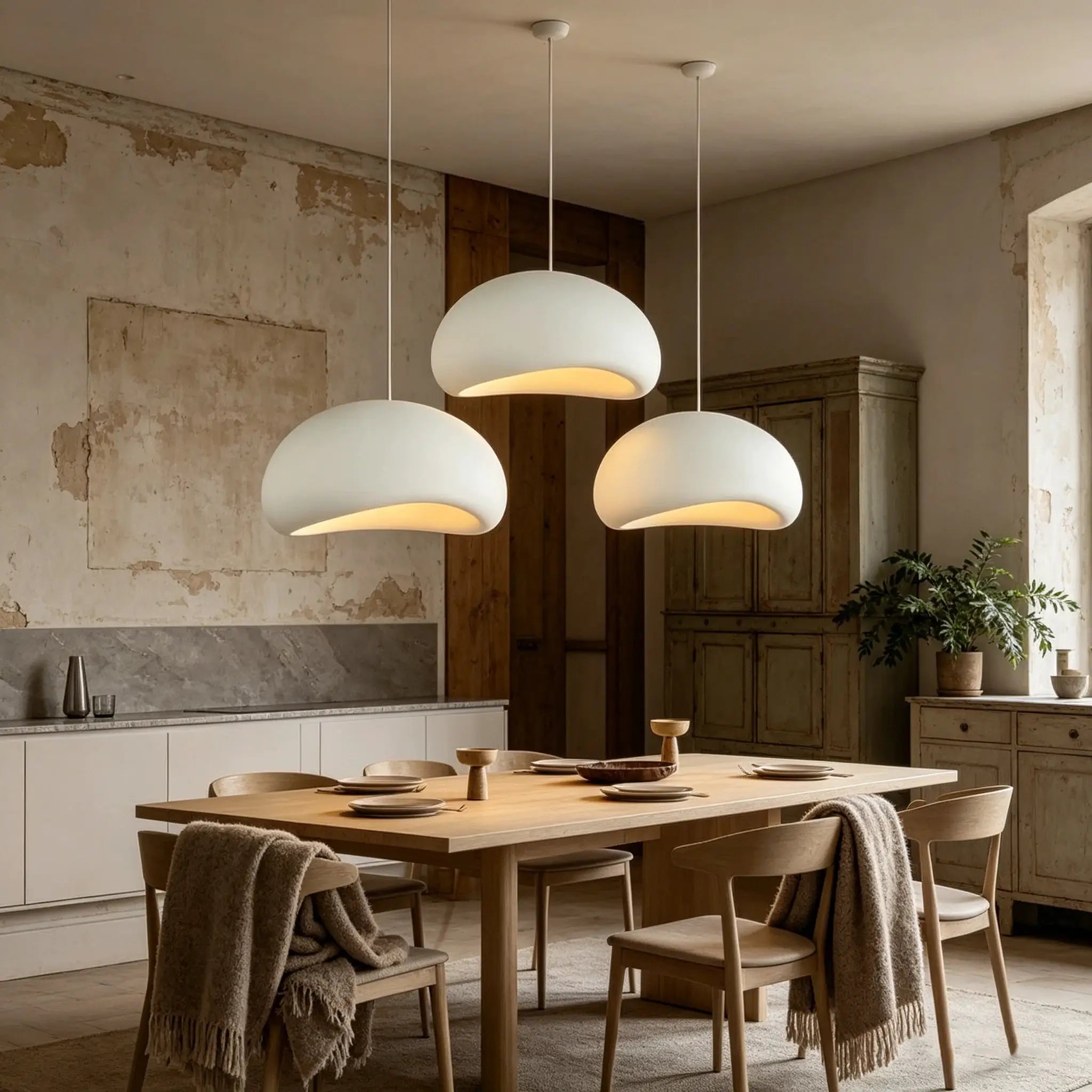 Nordic Wabi Sabi pendant lights by Simples Market; set of four white frosted glass hanging lamps