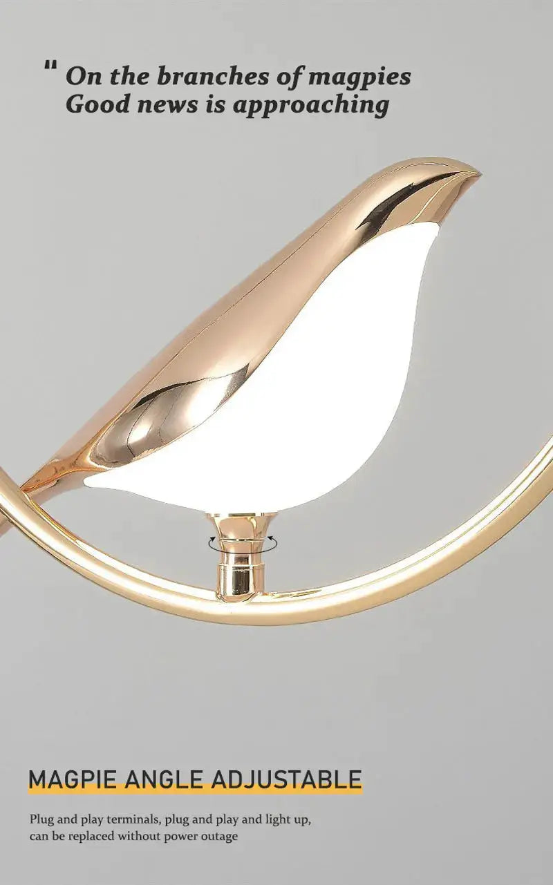 Rotatable magpie LED pendant light in gold and white with adjustable ring frame
