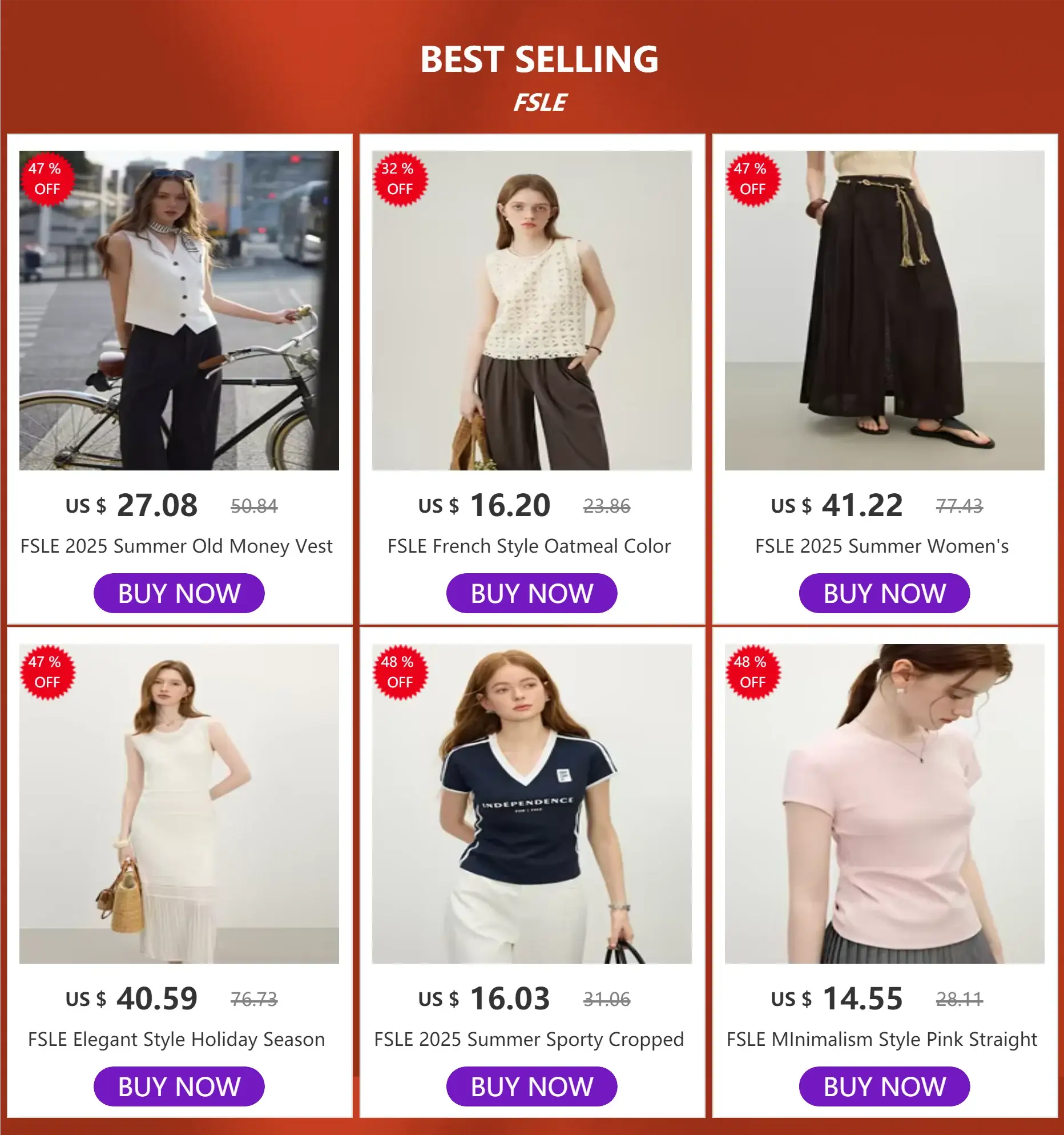 FSLE outfit grid showing three looks with sale badges: white sleeveless top with black pants; cream crochet top; black maxi skirt