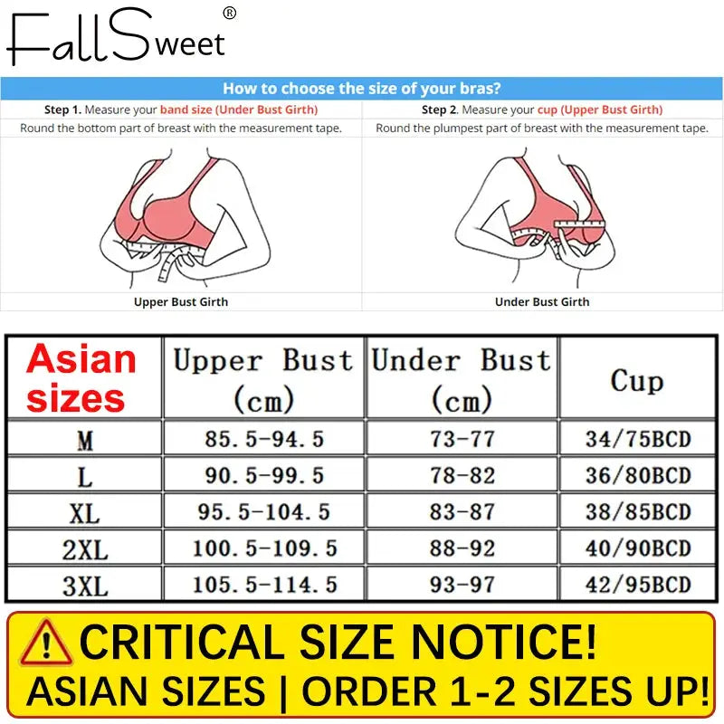 FallSweet seamless bra size guide with Asian sizing chart