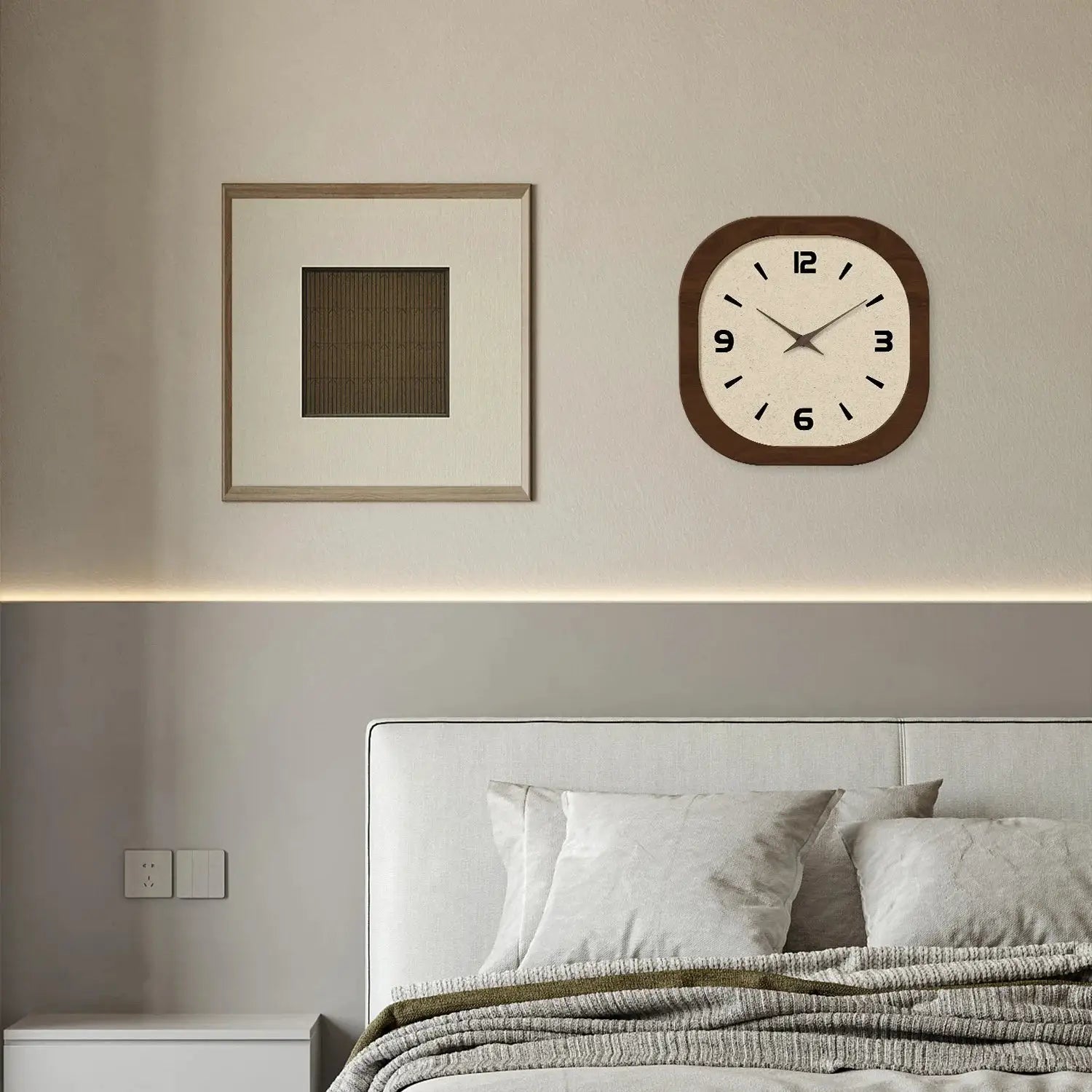 French-style retro cream porcelain square wall clock with wooden frame by Simples Market, shown beside framed wall art