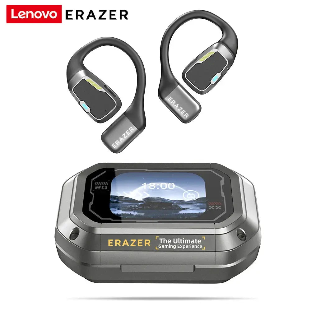 Lenovo ERAZER AI Translator Earbuds; two black wireless earbuds with silver accents beside a handheld gaming device.