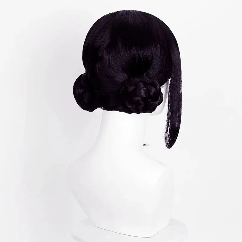 Movie Kpop Anime Cosplay Wig, purple-black long synthetic wig with a low bun and side strand, heat resistant.