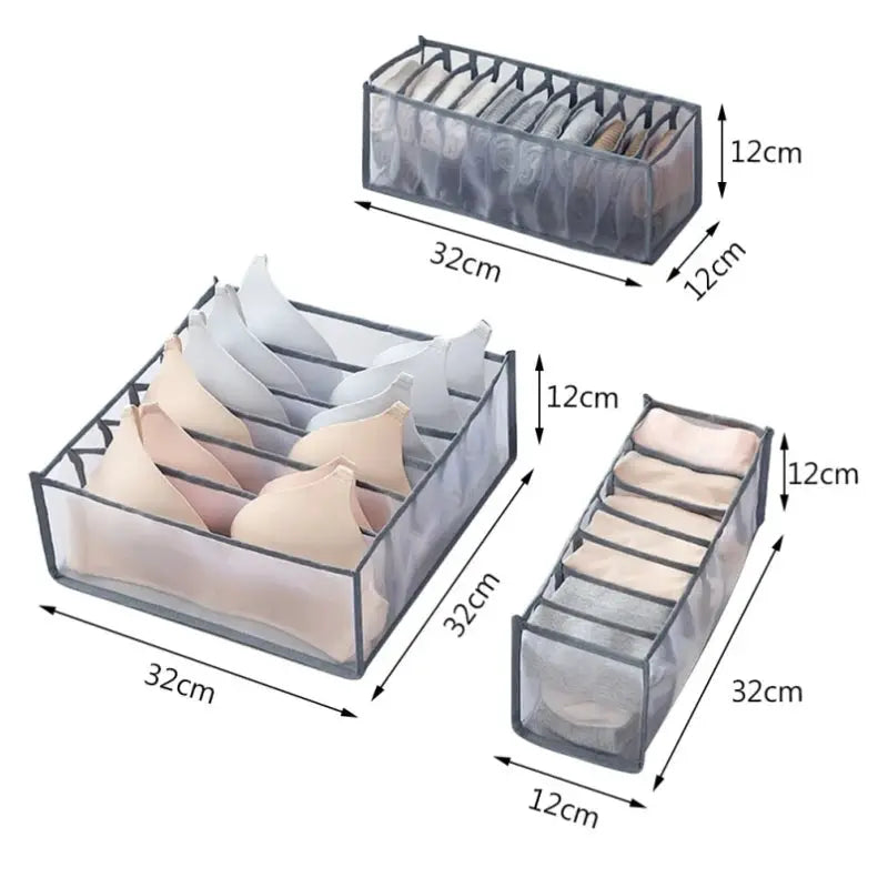 Three grey mesh wardrobe organizers for underwear, socks, and bras; large square, tall narrow, and slim divider boxes.