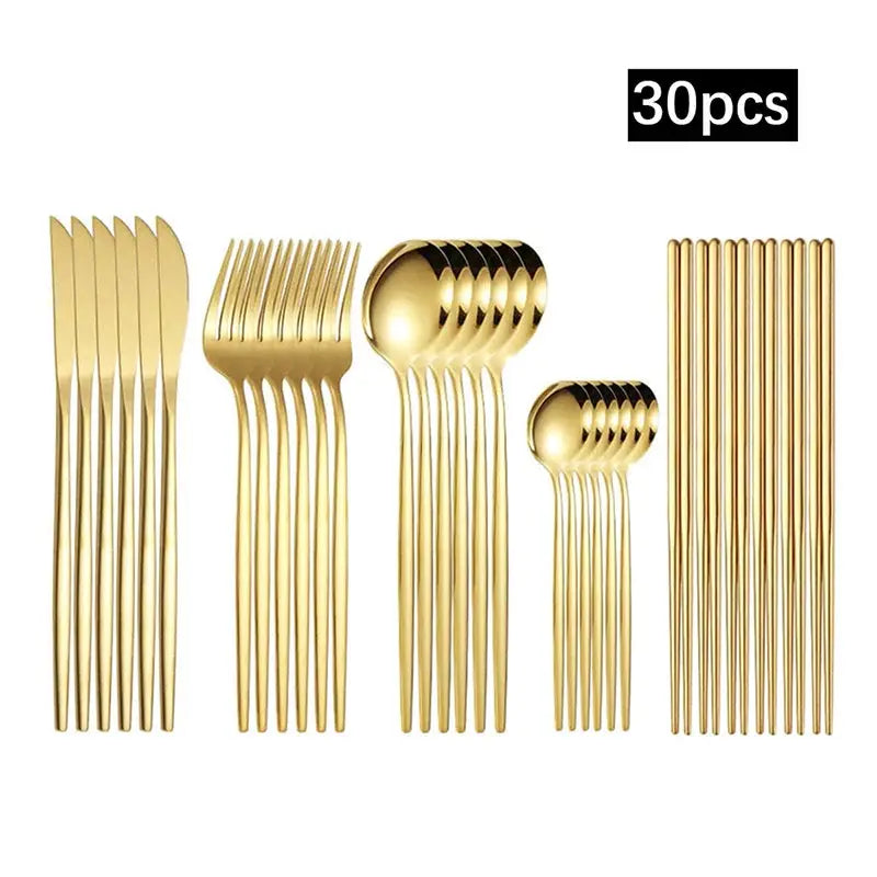 Golden Stainless Steel Portuguese Cutlery Set 6pc or 30pc Upscale Dinner Knife Fork Spoon Teaspoon Chopsticks
