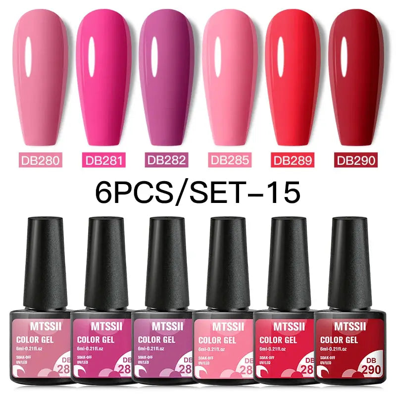 Gel nail polish set, 6 pcs, MTSSII color gels in pink to red shades for UV/LED soak-off nails