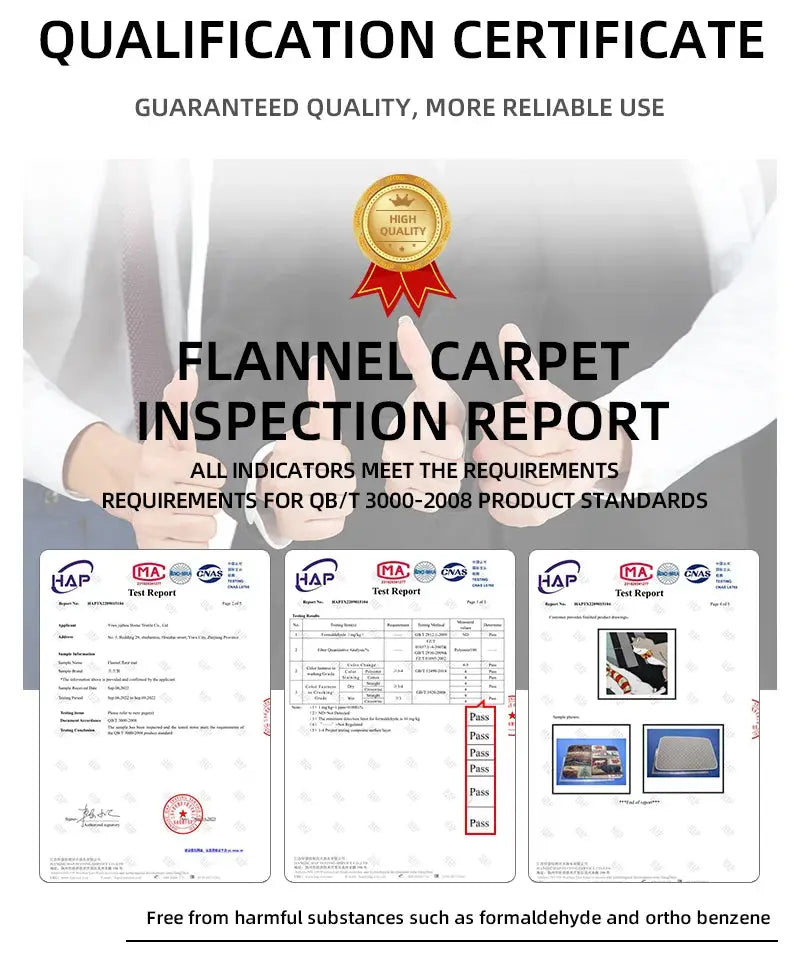 Coral Velvet Bathroom Mat product certificate page with qualification certificate, gold seal, and inspection reports