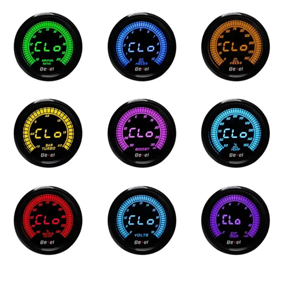 Nine 52mm Bezel car gauges in 10 colors, including boost, water/oil temp, volt, tach, EGT