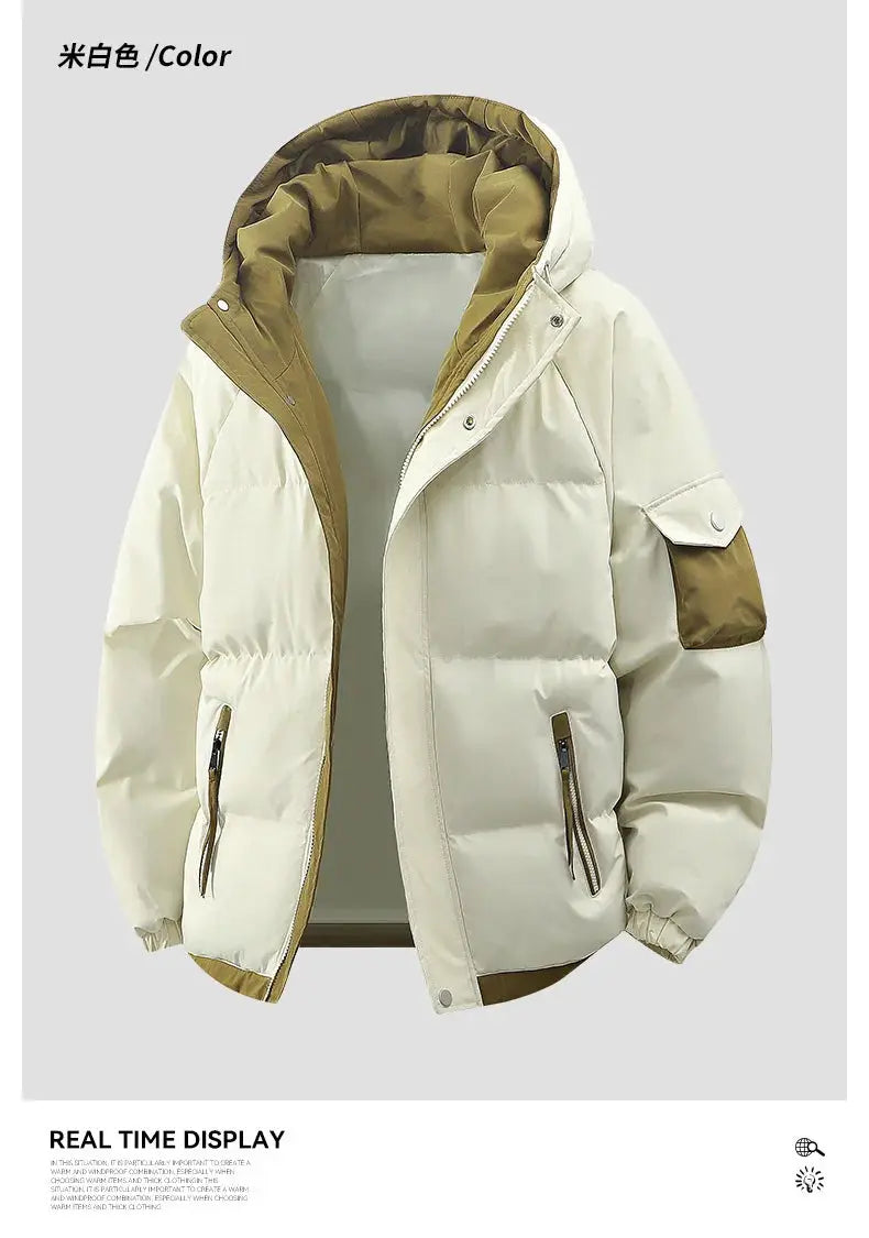 Men's hooded puffer jacket in ivory with brown lining and pockets; windproof, thick warm down coat by Simples Market.