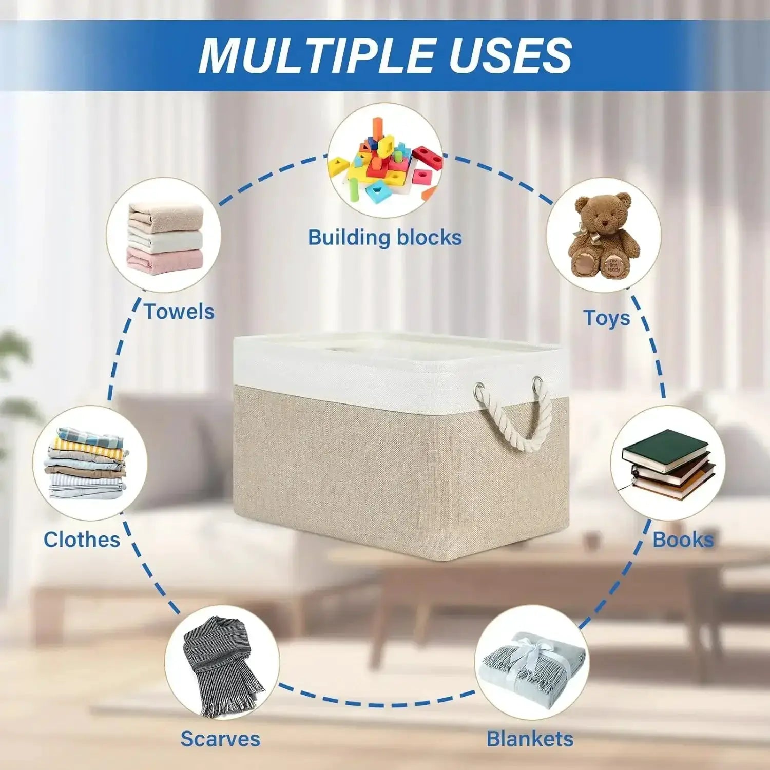Simples Market linen fabric storage basket with handles; large capacity foldable clothes organizer.