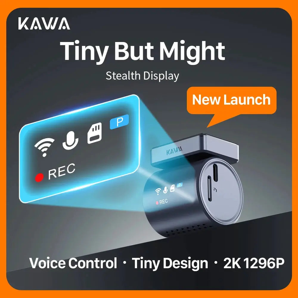 KAWA dash cam Tiny But Might with voice control, black compact car DVR, 2K 1296P, wifi