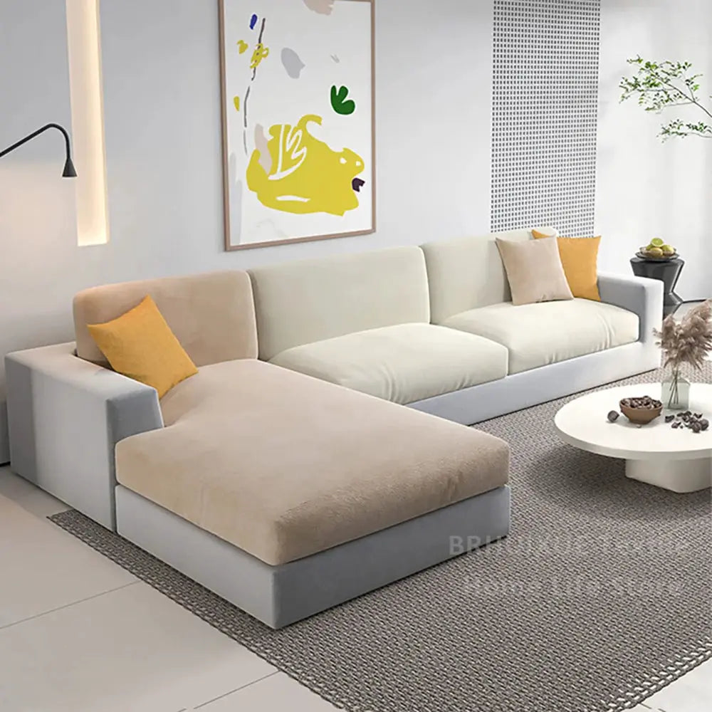 Velvet sofa seat cushion cover by Simples Market for L-shaped sectional, beige cream color, stretch thick fabric