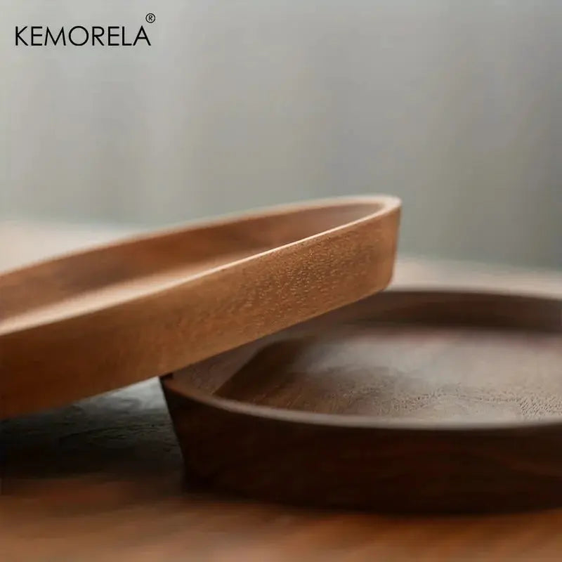 KEMORELA Solid Wood Round Dessert Plate Japanese Style Wooden Tray Snack Plate For Dried Fruits And Desserts